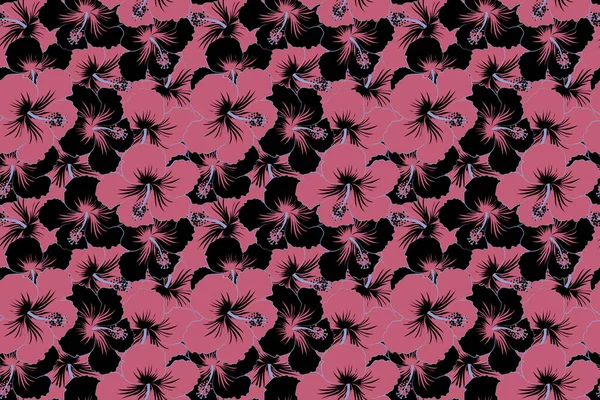 Sfondo Nero Rosa Hibiscus Senza Cuciture Camicia Hawaiana Aloha Modello — Foto Stock