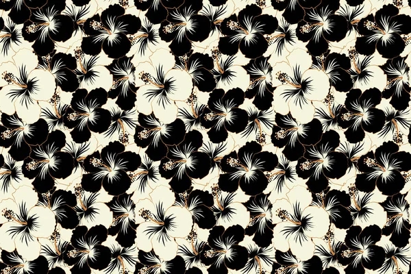 Ίβισκος Λουλούδια Και Μπουμπούκια Ρετρό Απρόσκοπτη Απεικόνιση Μοτίβο Μαύρο Και — Φωτογραφία Αρχείου
