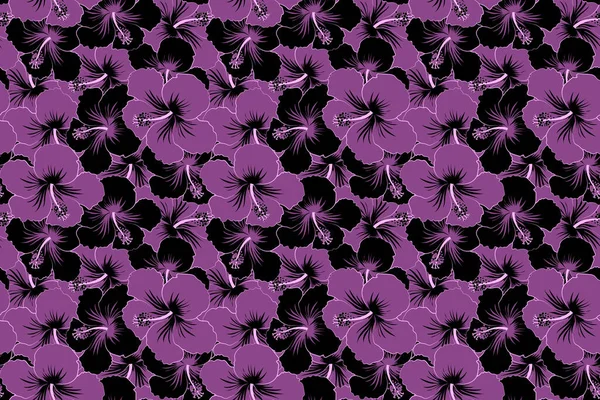 Siyah Mor Renklerde Kusursuz Tropikal Çiçekler Hibiscus Kusursuz Desen — Stok fotoğraf