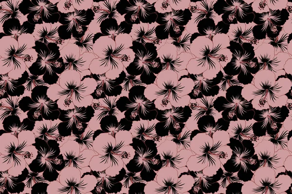 Bright Hawaiian Design Tropical Plants Black Pink Hibiscus Flowers — Stock Photo, Image