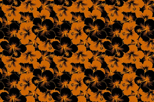 Design Tropicale Senza Cuciture Con Ibisco Nei Colori Nero Arancione — Foto Stock