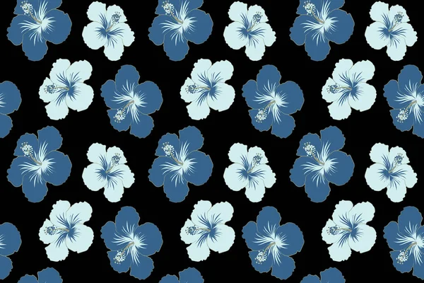 Floral Várias Flores Tropicais Havaianas Hibisco Azul Fundo Preto — Fotografia de Stock