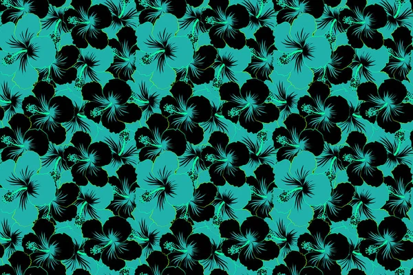 Padrão Sem Costura Cores Azul Preto Com Flores Hibisco Bonito — Fotografia de Stock