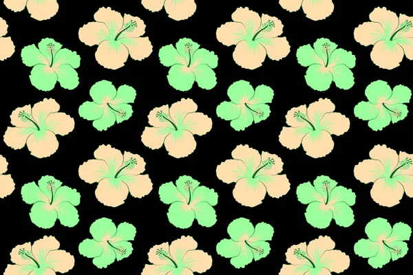 Hibiskus Kwiaty Bezszwowy Wzór Czarnym Tle Zielonych Kolorach — Zdjęcie stockowe