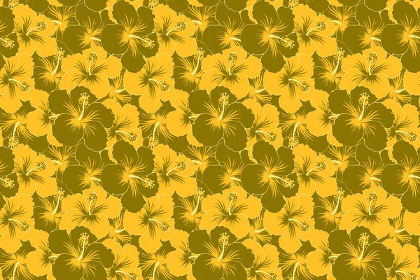 Hermosas Flores Hibisco Acuarela Colores Verdes Amarillos Fondo Sin Fisuras —  Fotos de Stock