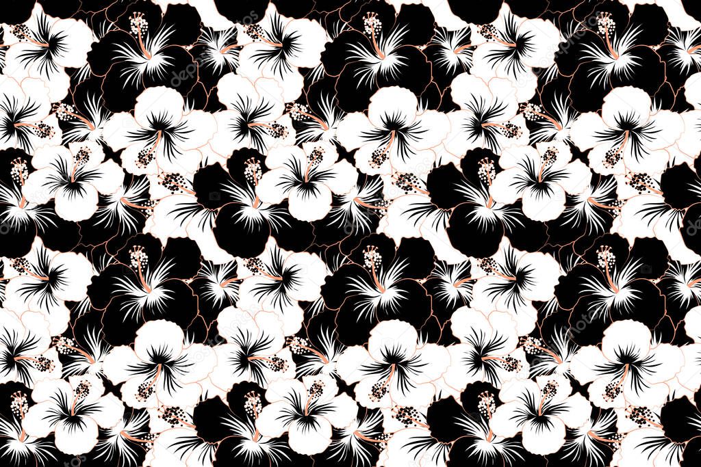 Seamless floral pattern in cute hibiscus flowers in white and black colors.