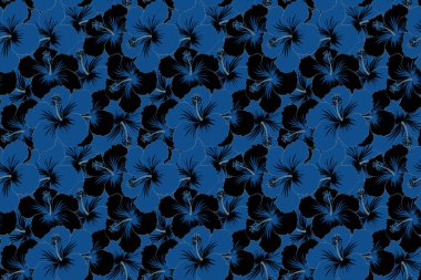 Moda olmayan çiçek deseni. Bir sürü siyah ve mavi amber çiçekli bir resim..