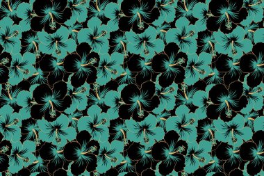 Aloha Hawai gömleği, lekesiz Hibiscus desenli, siyah ve mavi renklerde..