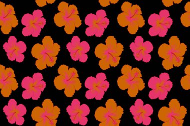 Eski tarz. Magenta ve turuncu tropikal çiçekler, ambar yaprakları, amber tomurcukları, siyah arkaplanda dikişsiz çiçek deseni.