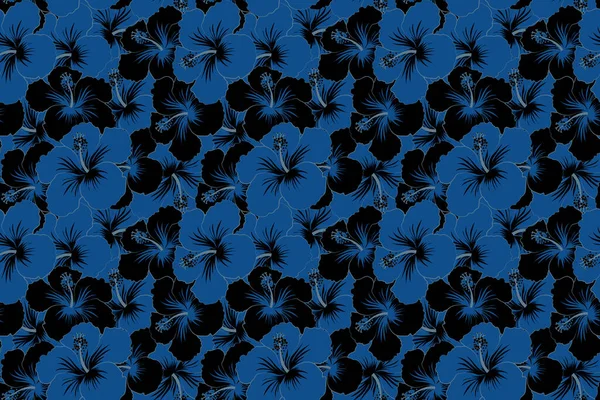 Trendiges Nahtloses Blumenmuster Illustration Mit Vielen Schwarzen Und Blauen Hibiskusblüten — Stockfoto