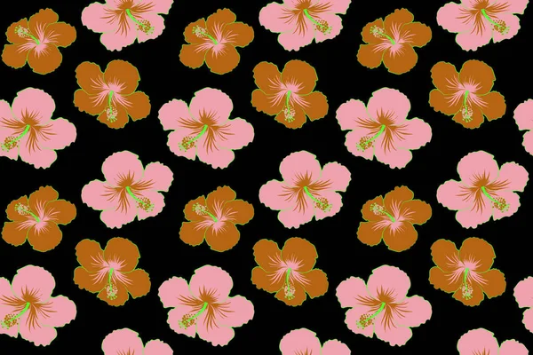 Seamless Pattern Brown Pink Hibiscus Flowers Black Hand Drawn Textures — Stock Photo, Image