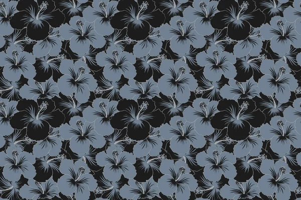 Nahtloses Blumenmuster Schwarzen Und Grauen Farben Mit Kunterbunten Hibiskusblüten — Stockfoto