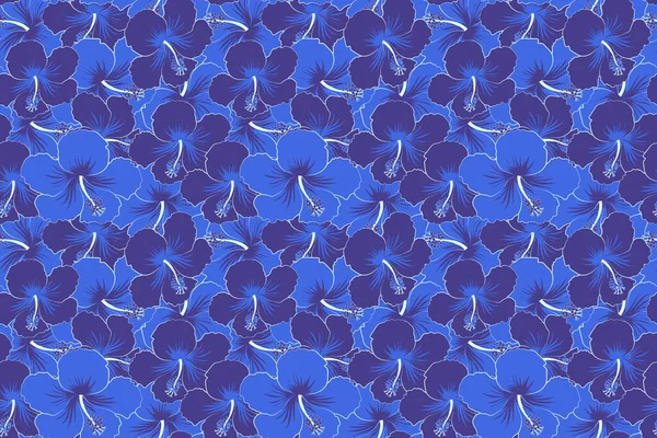 Цветочная Печать Голубыми Цветами Симпатичный Рисунок Цветов Гибискуса Бесшовный Рисунок — стоковое фото