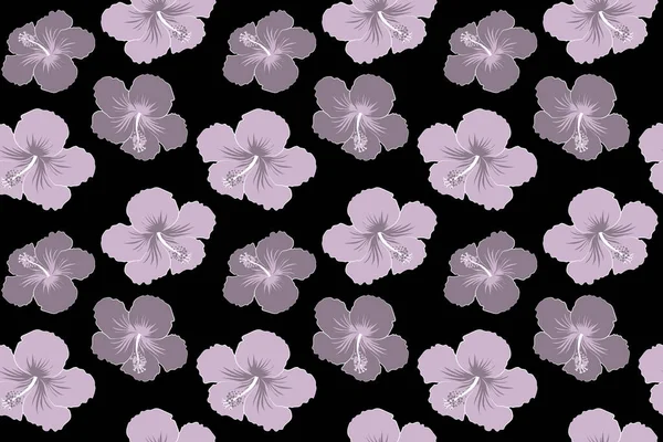 Hawaiian tropical natural floral seamless pattern in gray colors. Hibiscus flowers on a black background in a trendy style.