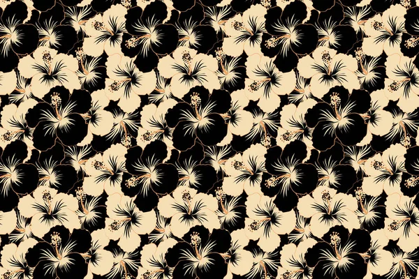 Fleurs Hibiscus Beige Noir Motif Sans Couture — Photo