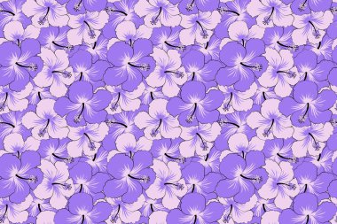 El çizimi eskiz. Suluboya boya efekti, menekşe çiçekleri, yaprak kabuğu ile çiçek açması. Menekşe renkli Hibiscus çiçekleri.