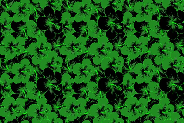 Pattern for summer fashion, interior, wallpaper. Exotic flowers in allover composition. Seamless tropical design with hibiscus in black and green colors.