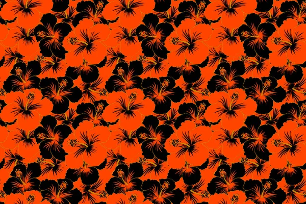 Nahtloses Muster Tropischer Hibiskusblüten Schwarzen Und Orangen Farben Mit Aquarell — Stockfoto