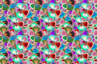 Yeşil, pembe ve mavi renklerde yapraklar ve tropikal çiçeklerle kusursuz arkaplan deseni.