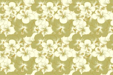 Çiçek izi. Çiçek desenleri tekrarlanıyor. Bej ve yeşil renklerde modern aromalı çiçek desenleri.