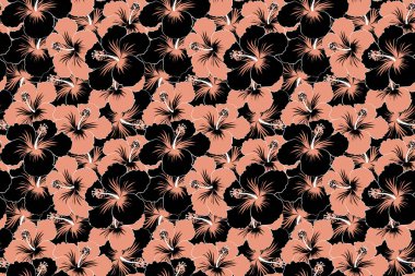 Hibiscus kusursuz desen. Bej ve siyah renklerde kusursuz tropikal çiçekler..