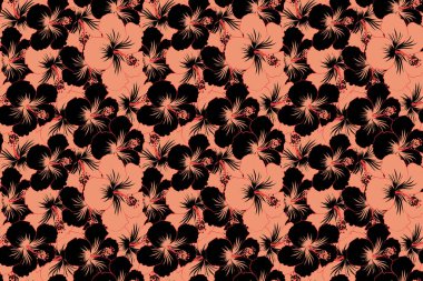 Siyah ve pembe renklerde kusursuz tropikal çiçekler. Hibiscus kusursuz desen.
