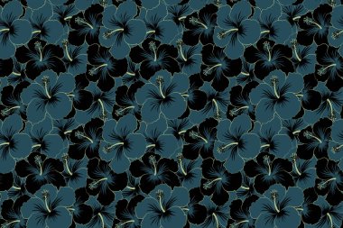 Siyah ve mavi tropikal amber çiçekleri olan parlak Hawaii deseni.
