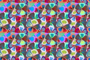 Çiçekli, şık duvar kağıtları. Soyut arkaplan. Çiçeklerin açtığı desenler ve yaprakların mor, mavi ve kahverengi renkleri..