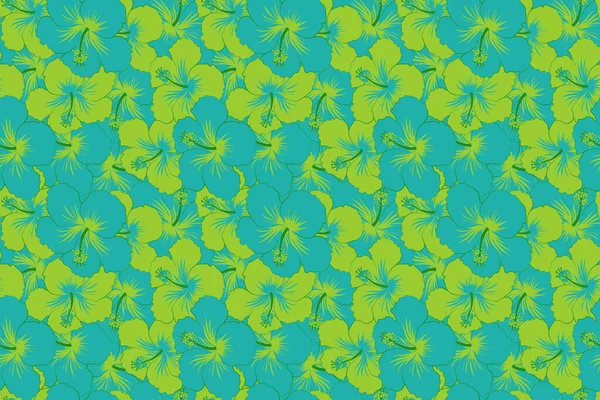 Бесшовный Цветочный Узор Зеленого Цвета Разноцветными Цветами Гибискуса — стоковое фото