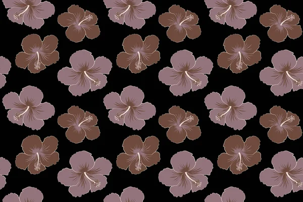 Нежный Тропический Цветок Рисунок Гибискуса Иллюстрация Коричневого Фиолетового Цветов Черном — стоковое фото