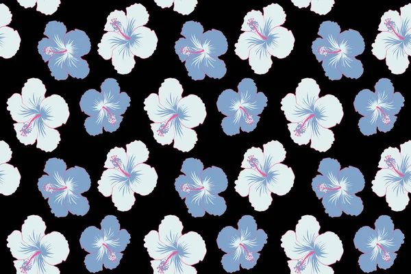 Aloha Hawaiihemd Nahtlos Blau Und Neutral Hibiskusmuster Auf Schwarzem Hintergrund — Stockfoto