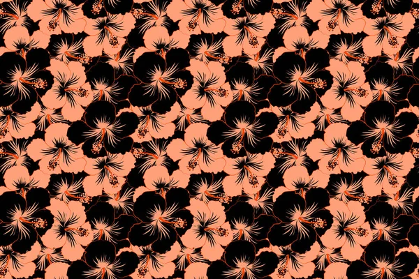 Exotic seamless pattern flower design. Black and orange hibiscus seamless background. Textile print for bed linen, jacket, package design, fabric and fashion concepts. Floral seamless pattern.