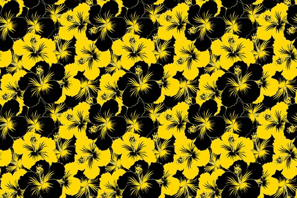 Creative universal floral pattern in black and yellow colors. Ideal for web, card, poster, fabric or textile. Hand Drawn tropical style texture. Seamless pattern of hibiscus flowers.