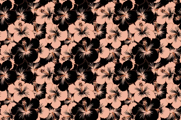 Luminoso Design Hawaiano Con Piante Tropicali Fiori Ibisco Neri Rosa — Foto Stock