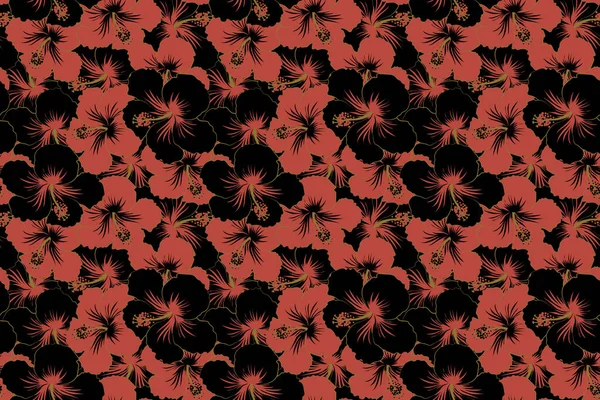 Seamless Pattern Tropical Hibiscus Flowers Black Brown Colors Watercolor Effect — Stock Photo, Image