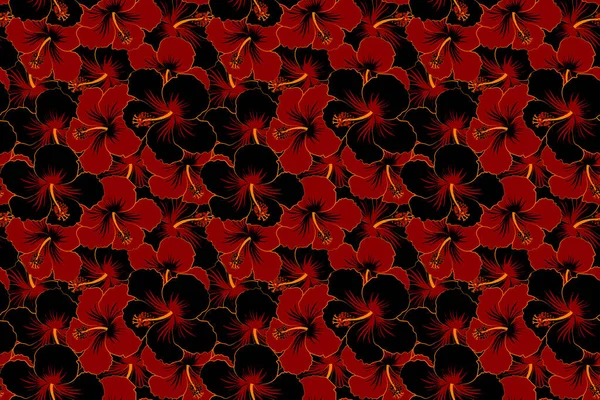 Efecto Pintura Acuarela Flores Hibisco Negro Rojo Fondo Patrón Sin — Foto de Stock