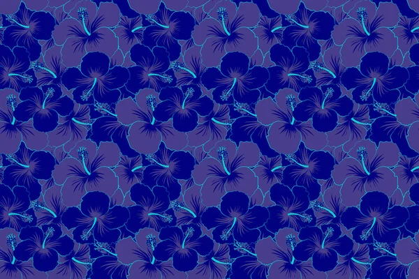 水彩効果のある青い色の熱帯ハイビスカスの花のシームレスなパターン — ストック写真