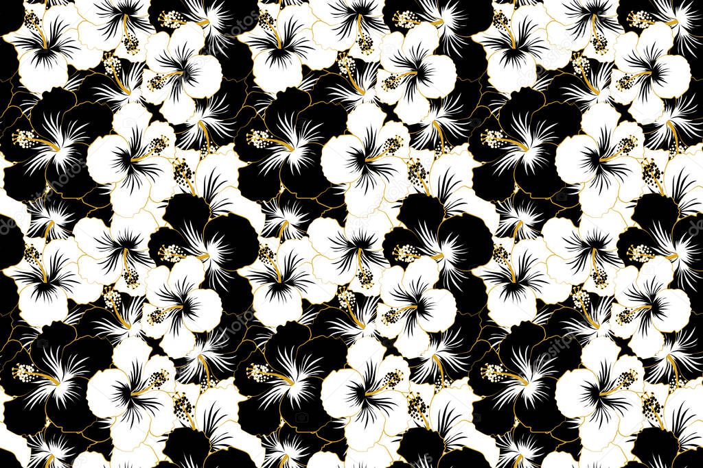 Seamless. Summer hawaiian seamless pattern with tropical plants and black and white hibiscus flowers.