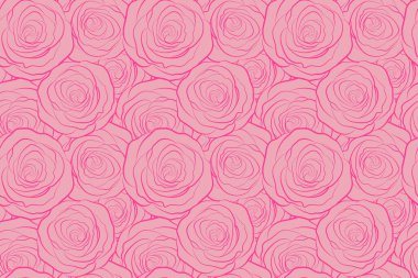El çizimi, pürüzsüz desen. Yapraklı pembe gül silueti. Tarzlanmış gülleri olan çiçek arkaplanı.
