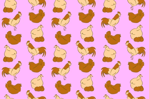 Hand drawn. Colorfil seamless cock and hen background. Seamless pattern of stylized rooster, hen, cock, chicken with hole and spots on colored background.