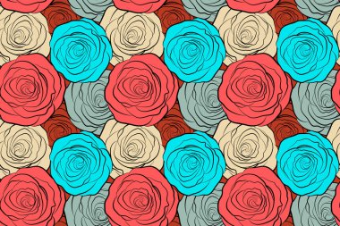 Çok renkli çiçek yaprakları, gülleri kapat, güzel, soyut, dikişsiz desen.