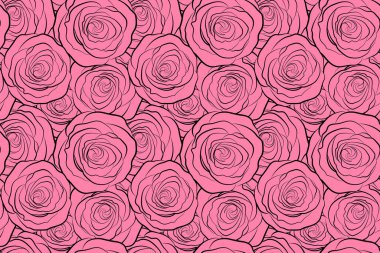 Pembe gül silueti olan bahar soyut arka planı. Çiçek açan çiçek yaprağı çizimi. Tek renkli gül pürüzsüz desen.