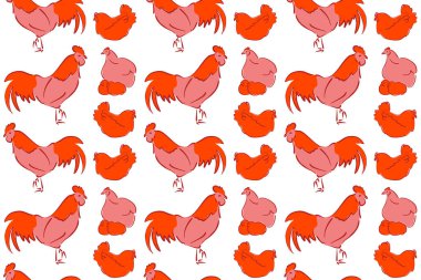 Kusursuz şekilli horoz, tavuk, penis, delikli tavuk ve renkli arka planda lekeler. El çizimi. Renksiz penis ve tavuk arkaplanı.