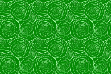 Yeşil güllerle kusursuz monokrom desenli. Dekorasyon ve tasarım için güzel bir desen. Moda baskısı. Çiçeklerin suluboya çizimleri için mükemmel bir desen. Eski, eski.