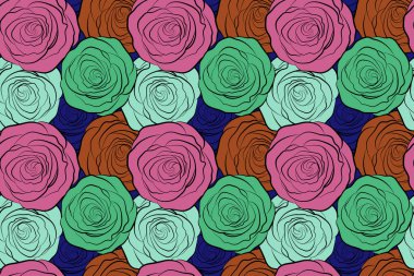 Dikensiz gül çiçekli kumaş deseni. Çok renkli gül çiçeklerinin çiçeksiz deseni..