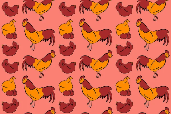 Colorfil seamless cock and hen background. Hand drawn. Seamless pattern of stylized rooster, hen, cock, chicken with hole and spots on colored background.