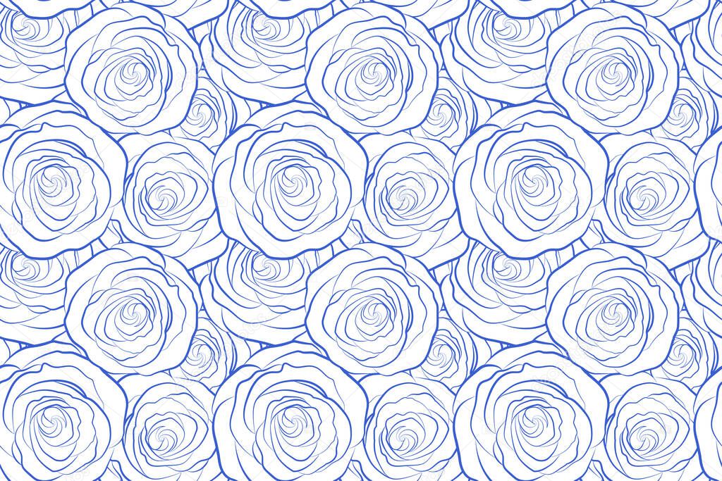 Seamless floral border. Isolated rose flowers silhouette in blue colors on a white background.