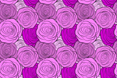 El çizimi pürüzsüz desen. Yapraklı mor güller. Tarzlanmış gülleri olan çiçek arkaplanı.