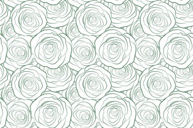 Yeşil renklerde, kusursuz çiçek deseni. Beyaz arka planda tek renkli güller ve bir çiçek şeridi. Suluboya kusursuz desen.