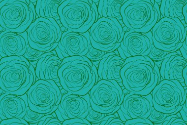 Yeşil güllerle kusursuz monokrom desenli. Dekorasyon ve tasarım için güzel bir desen. Moda baskısı. Çiçeklerin suluboya çizimleri için mükemmel bir desen. Eski, eski.